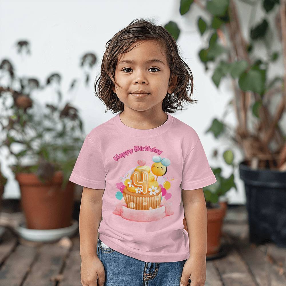 Happy Birthday Tshirt, Birthday cake and bee, Birthday Tshirt for 4 years old, tshirt for kids
