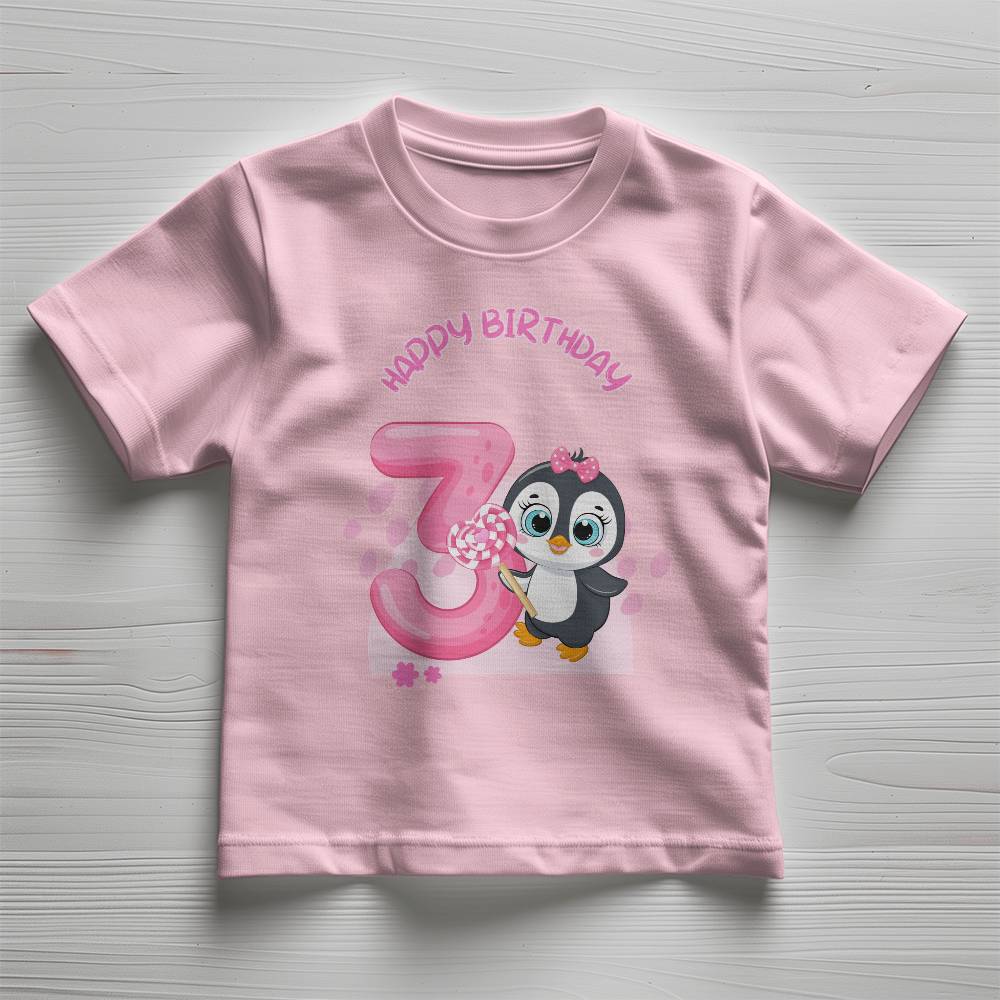 Pink Pinguin Birthday Tshirt, Happy Birthday Tshirt, Birthday Tshirt for 3 years old, tshirt for kids
