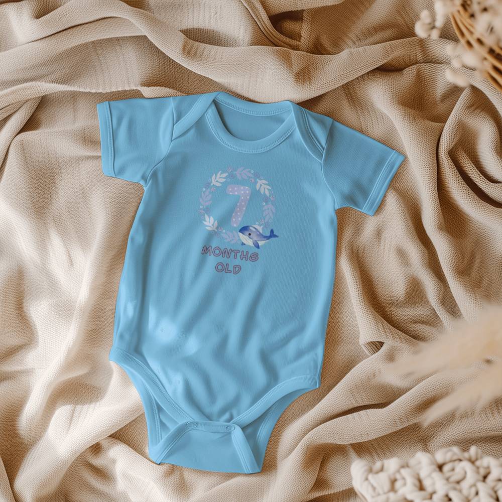 Blue whale cute baby milestone onesie 7 months old, baby body, baby onesie